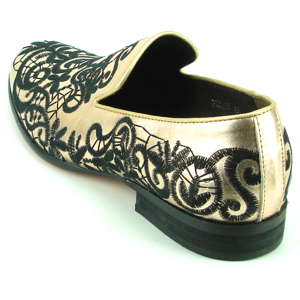 FI-7358 Gold Leather with Black Embroidery Slip on Fiesso by Aurelio Garcia