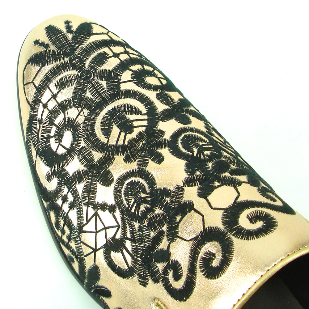 FI-7358 Gold Leather with Black Embroidery Slip on Fiesso by Aurelio Garcia