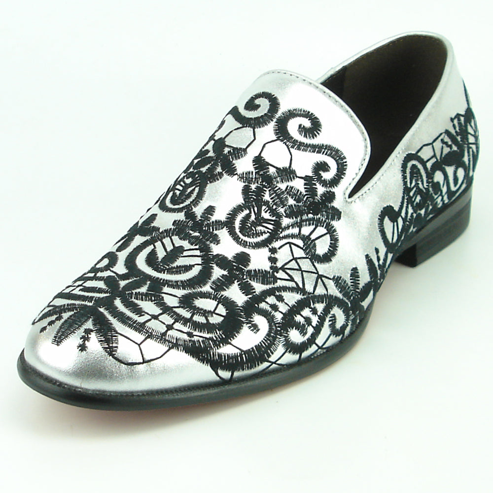 FI-7358 Silver Leather with Black Embrodery Slip on Fiesso by Aurelio Garcia