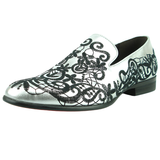 FI-7358 Silver Leather with Black Embrodery Slip on Fiesso by Aurelio Garcia