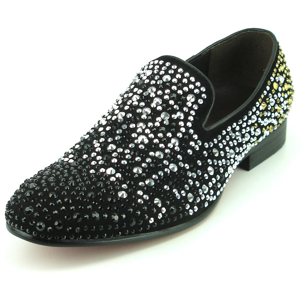 FI-7359 Black Suede Black/Silver/Gold Rhinestones Slip on Fiesso by Aurelio Garcia