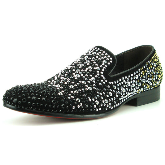 FI-7359 Black Suede Black/Silver/Gold Rhinestones Slip on Fiesso by Aurelio Garcia