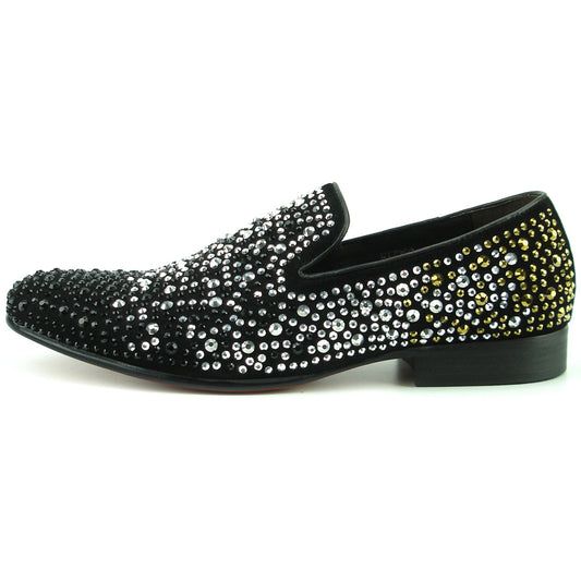 FI-7359 Black Suede Black/Silver/Gold Rhinestones Slip on Fiesso by Aurelio Garcia