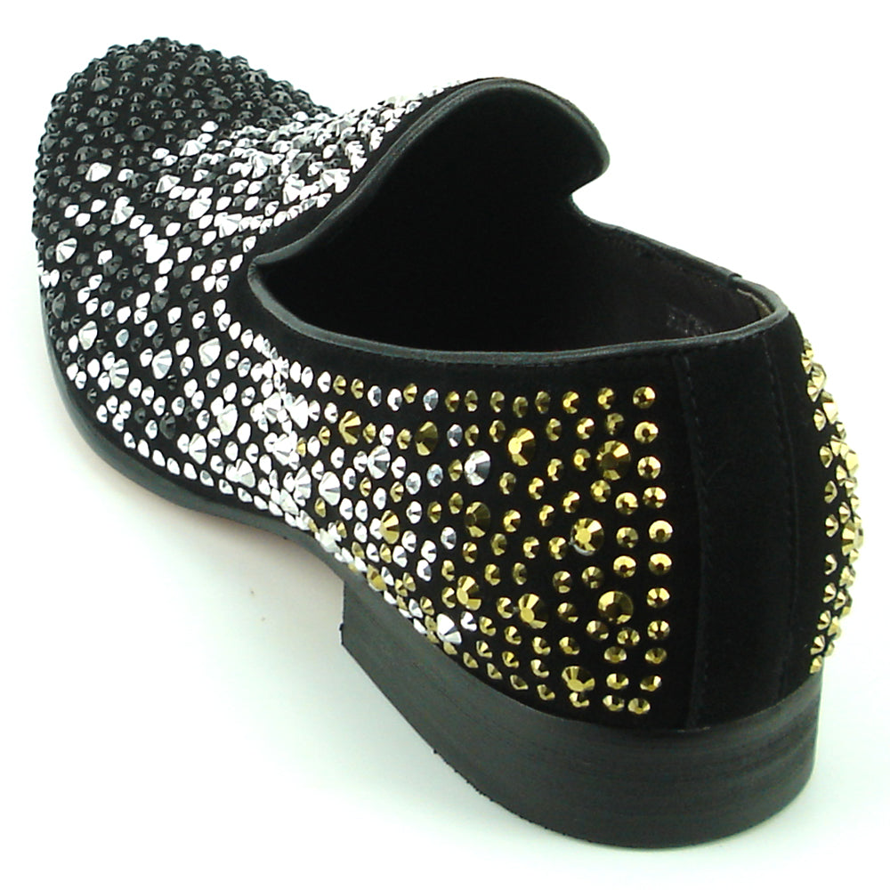 FI-7359 Black Suede Black/Silver/Gold Rhinestones Slip on Fiesso by Aurelio Garcia