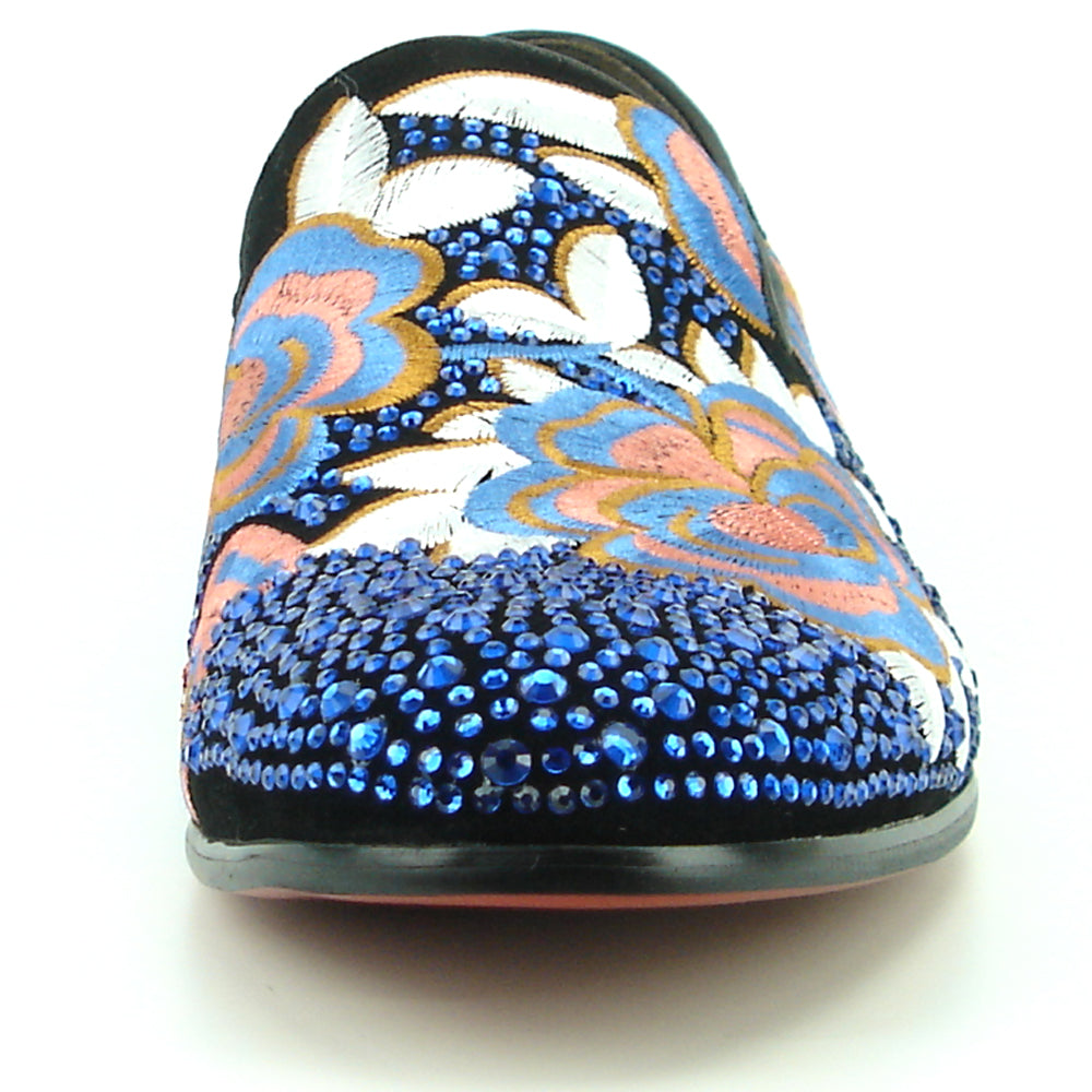 FI-7360 Black Suede Blue Rhinestones Embroidered Flower Slip on Fiesso by Aurelio Garcia