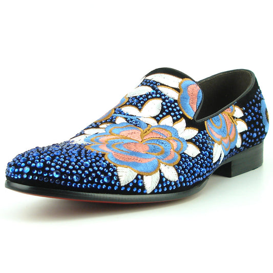 FI-7360 Black Suede Blue Rhinestones Embroidered Flower Slip on Fiesso by Aurelio Garcia