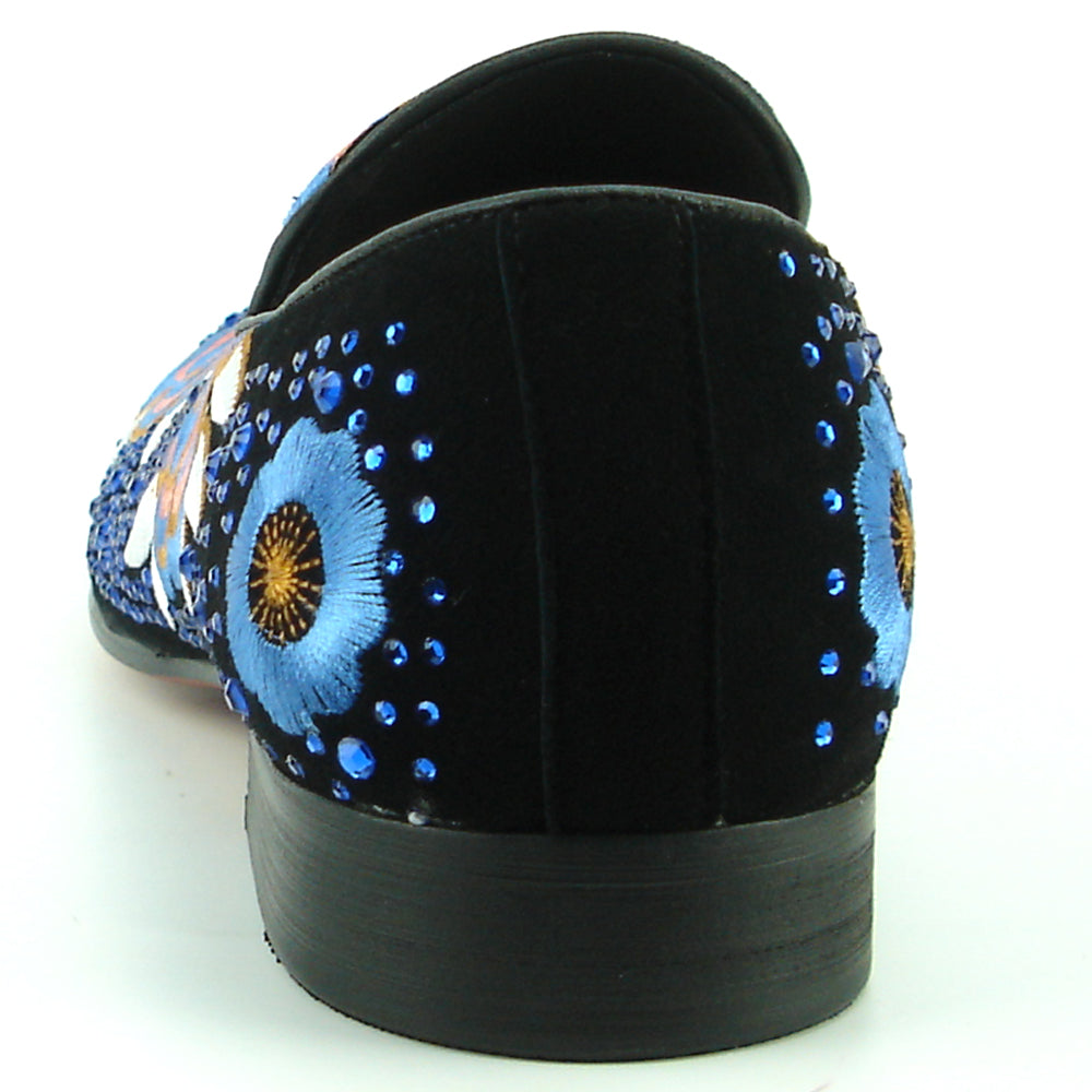 FI-7360 Black Suede Blue Rhinestones Embroidered Flower Slip on Fiesso by Aurelio Garcia