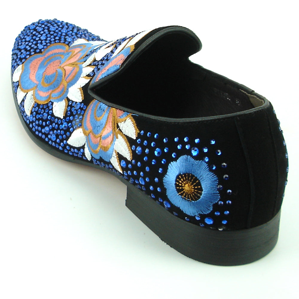 FI-7360 Black Suede Blue Rhinestones Embroidered Flower Slip on Fiesso by Aurelio Garcia