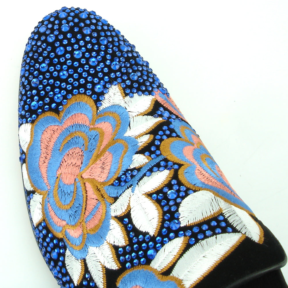 FI-7360 Black Suede Blue Rhinestones Embroidered Flower Slip on Fiesso by Aurelio Garcia