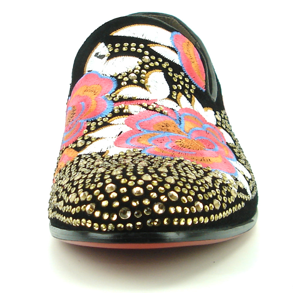 FI-7360 Black Suede Gold Rhinestones Embroidered Flower Slip on Fiesso by Aurelio Garcia