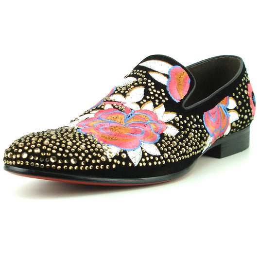 FI-7360 Black Suede Gold Rhinestones Embroidered Flower Slip on Fiesso by Aurelio Garcia