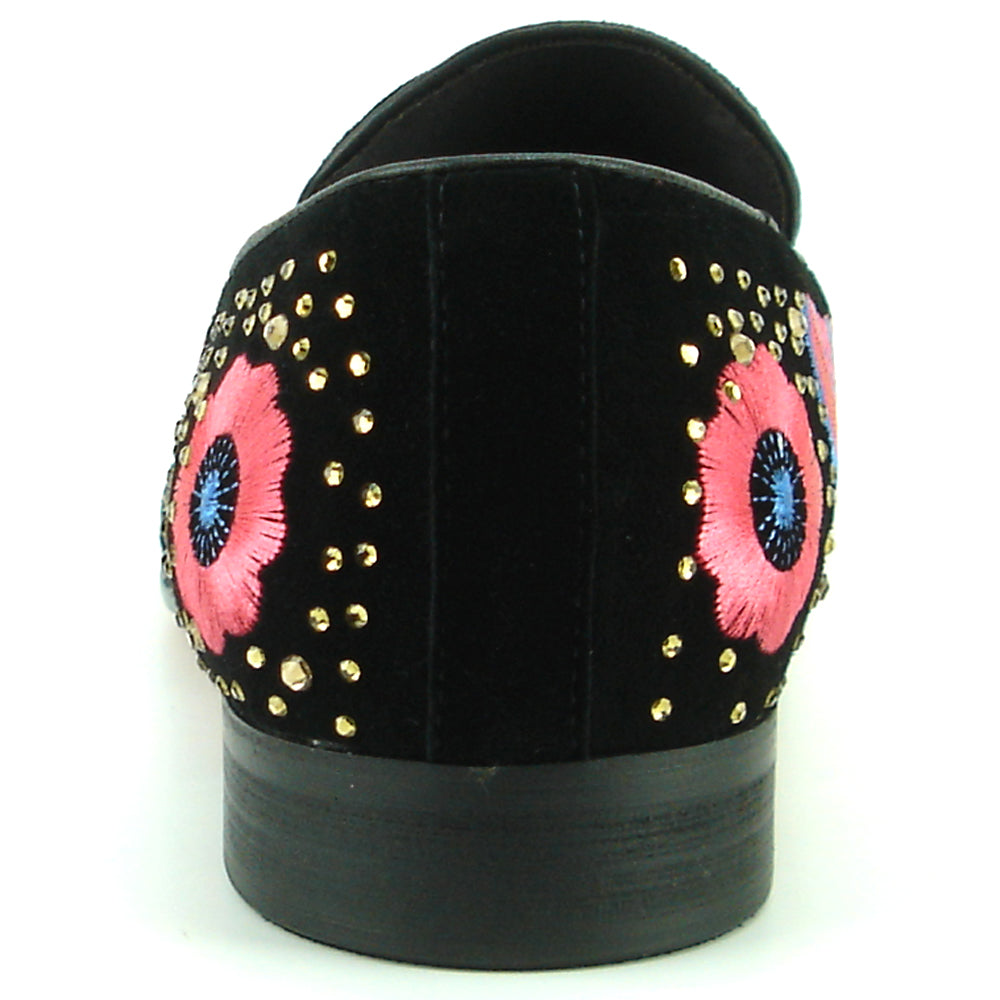 FI-7360 Black Suede Gold Rhinestones Embroidered Flower Slip on Fiesso by Aurelio Garcia
