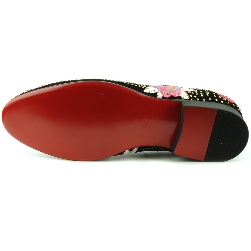 FI-7360 Black Suede Gold Rhinestones Embroidered Flower Slip on Fiesso by Aurelio Garcia