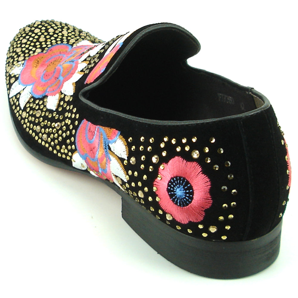 FI-7360 Black Suede Gold Rhinestones Embroidered Flower Slip on Fiesso by Aurelio Garcia
