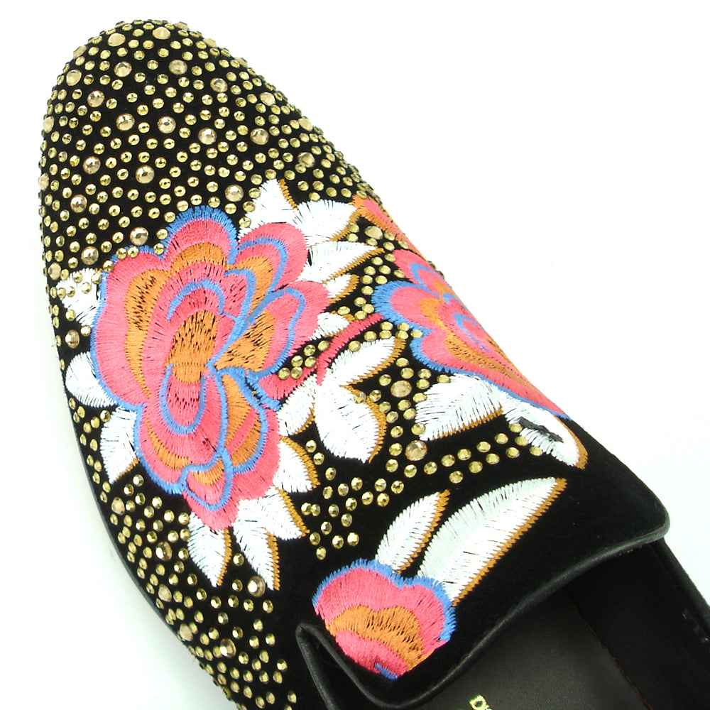 FI-7360 Black Suede Gold Rhinestones Embroidered Flower Slip on Fiesso by Aurelio Garcia
