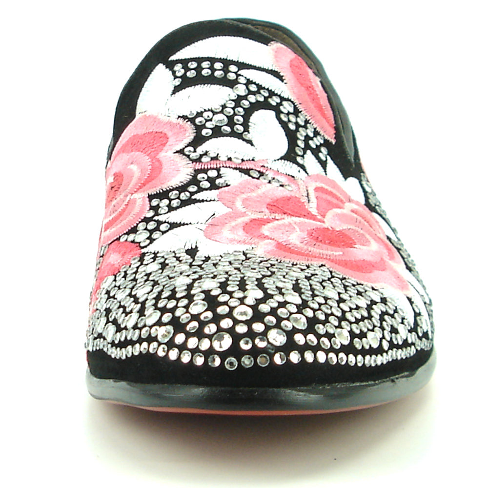 FI-7360 Black Suede Silver Rhinestones Embroidered Flower Slip on Fiesso by Aurelio Garcia