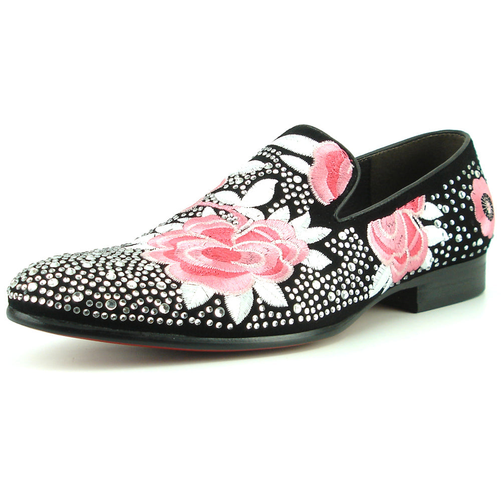 FI-7360 Black Suede Silver Rhinestones Embroidered Flower Slip on Fiesso by Aurelio Garcia