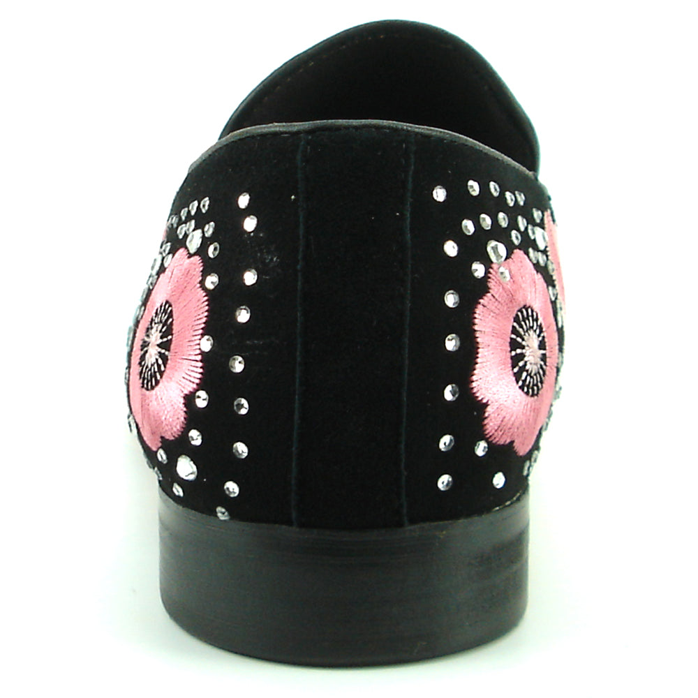 FI-7360 Black Suede Silver Rhinestones Embroidered Flower Slip on Fiesso by Aurelio Garcia