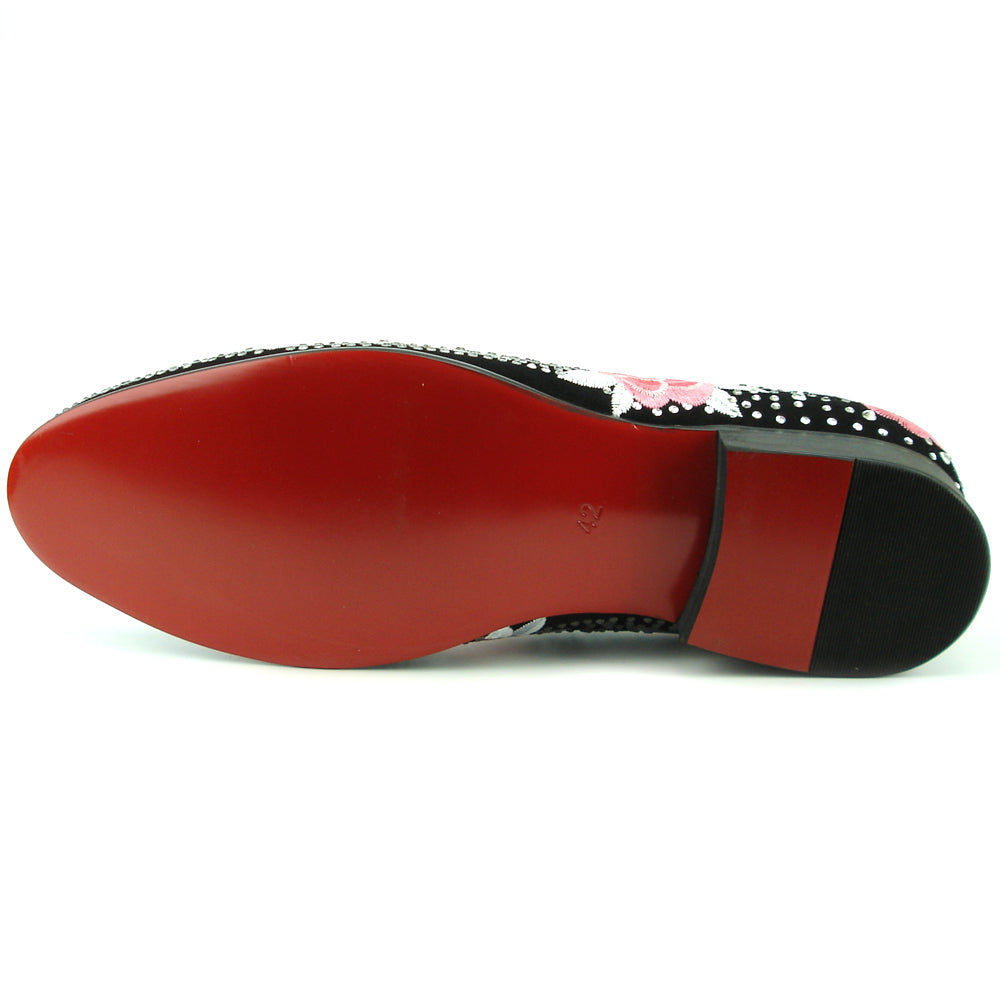 FI-7360 Black Suede Silver Rhinestones Embroidered Flower Slip on Fiesso by Aurelio Garcia