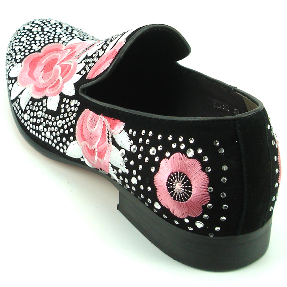 FI-7360 Black Suede Silver Rhinestones Embroidered Flower Slip on Fiesso by Aurelio Garcia
