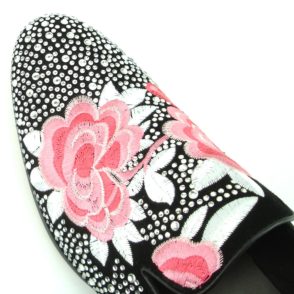 FI-7360 Black Suede Silver Rhinestones Embroidered Flower Slip on Fiesso by Aurelio Garcia