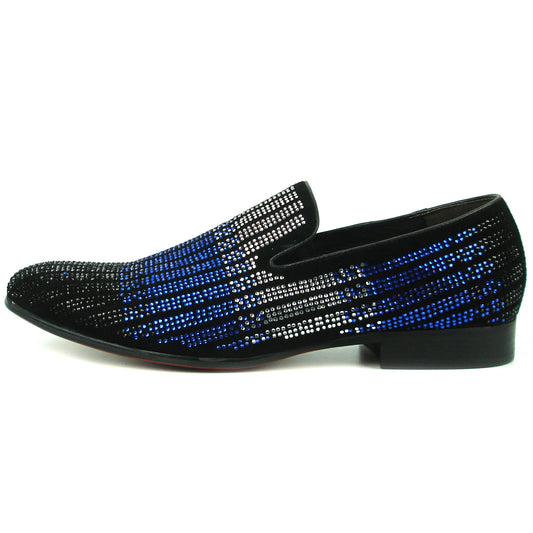 FI-7361 Black Suede Black Blue Silver Rhinestones Slip on Fiesso by Aurelio Garcia