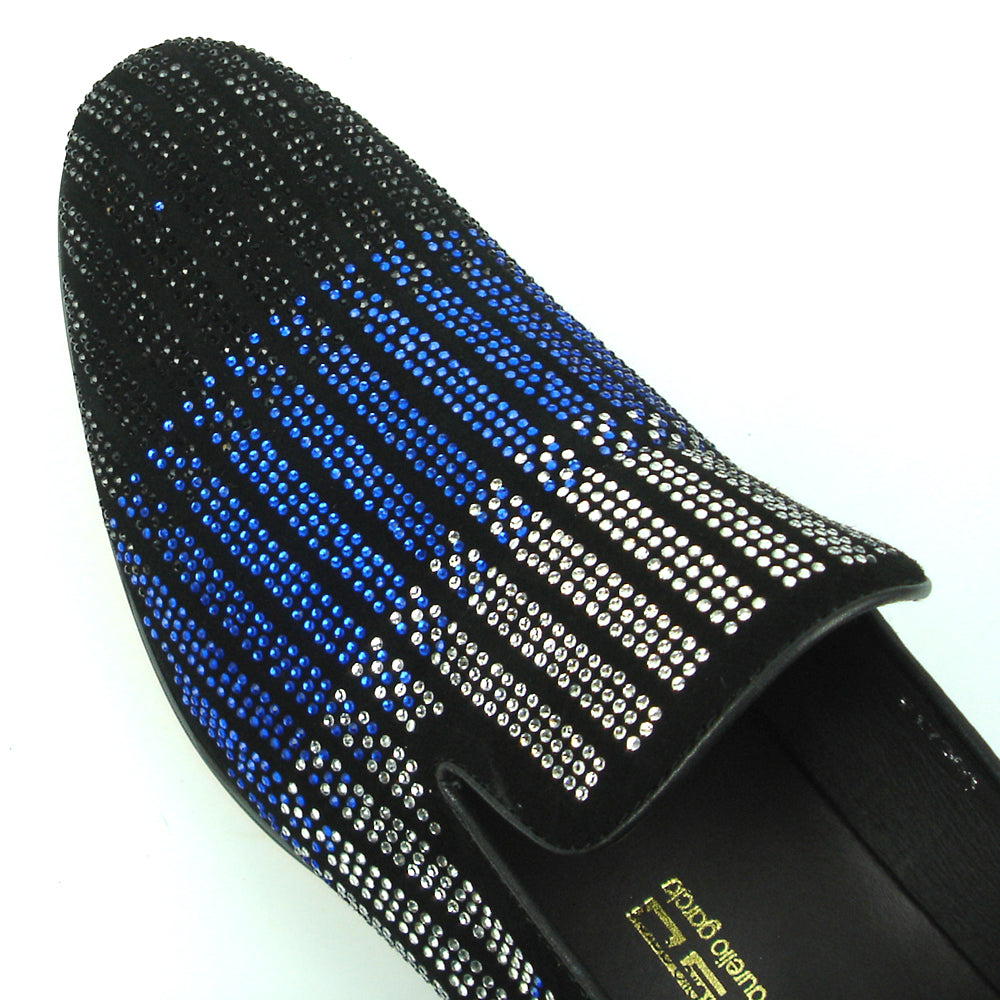 FI-7361 Black Suede Black Blue Silver Rhinestones Slip on Fiesso by Aurelio Garcia