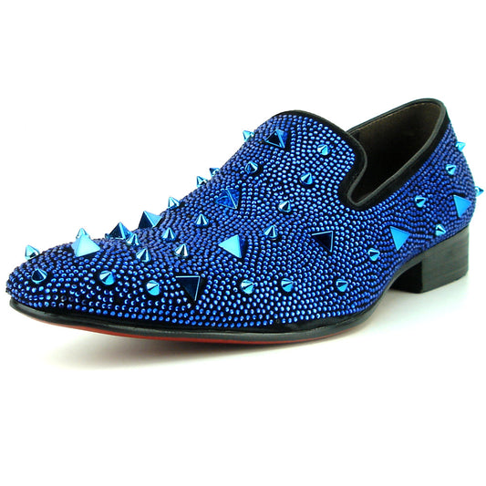 FI-7364-R Black Suede Blue Rhinestones Spikes Slip on Loafer Fiesso by Aurelio Garcia