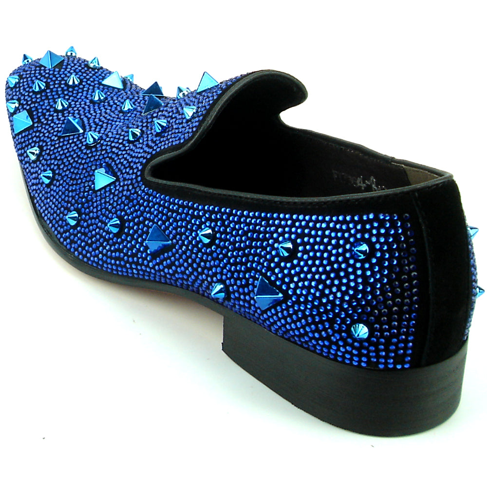 FI-7364-R Black Suede Blue Rhinestones Spikes Slip on Loafer Fiesso by Aurelio Garcia