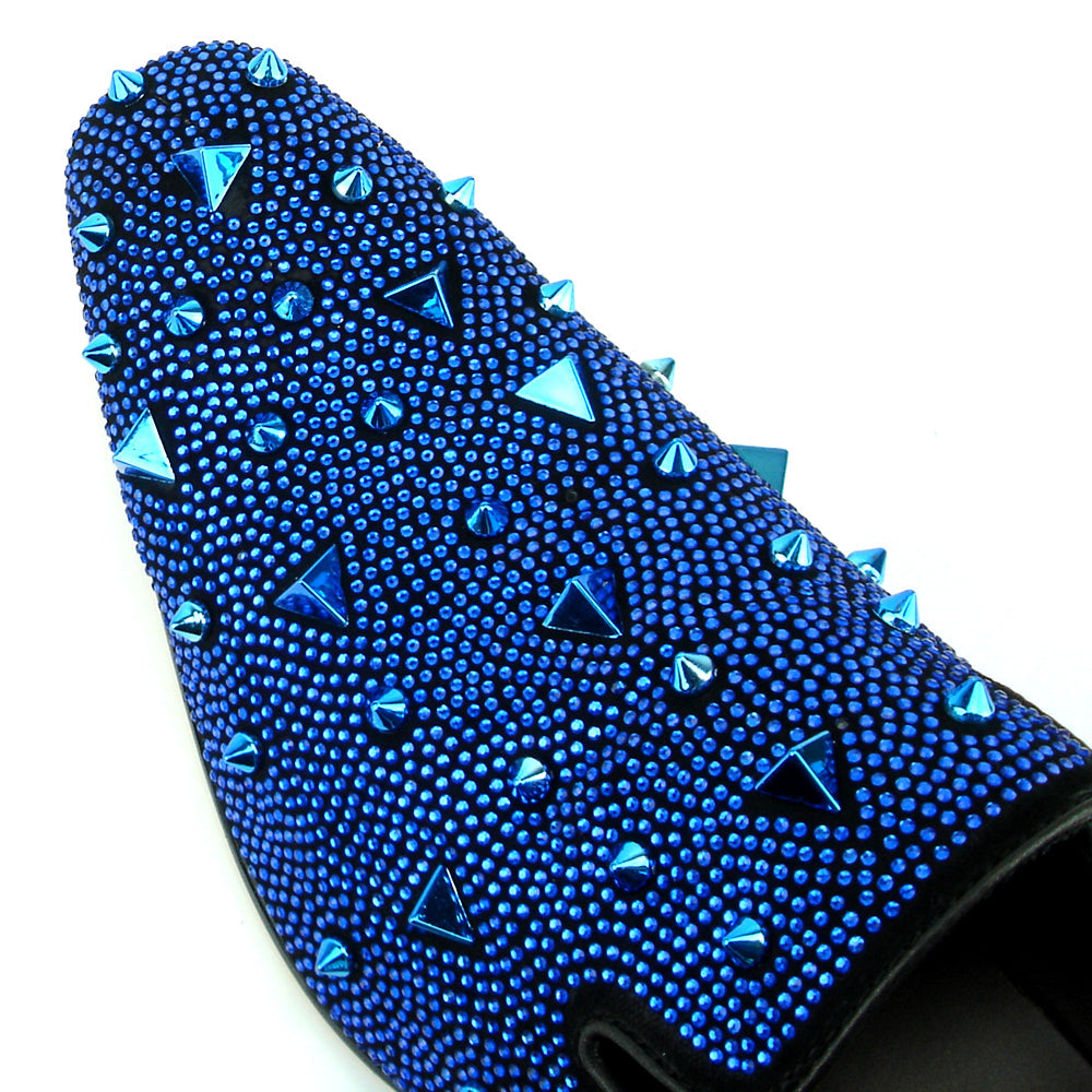 FI-7364-R Black Suede Blue Rhinestones Spikes Slip on Loafer Fiesso by Aurelio Garcia