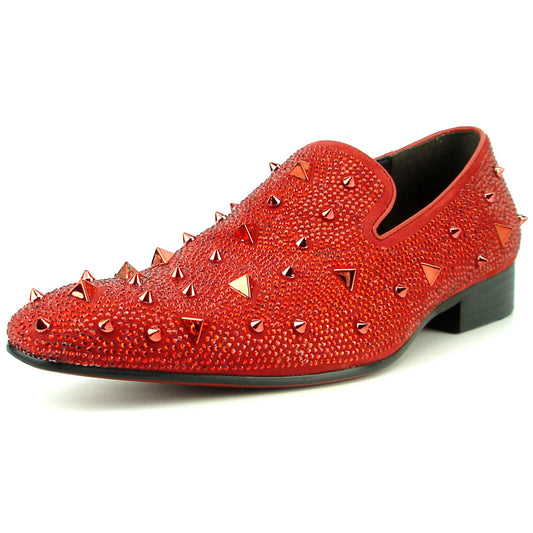 FI-7364-R Red Suede Red Rhinestones Spikes Slip on Loafer Fiesso by Aurelio Garcia