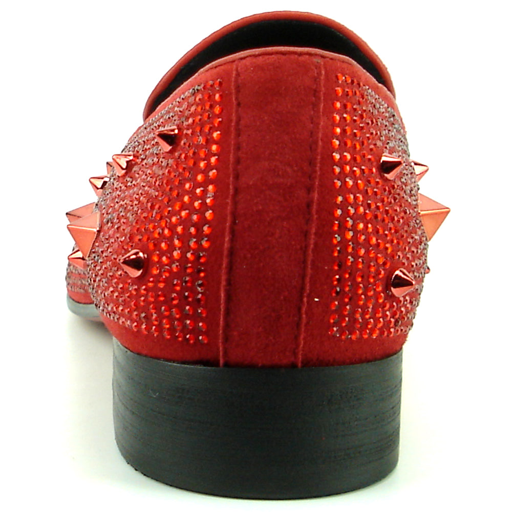 FI-7364-R Red Suede Red Rhinestones Spikes Slip on Loafer Fiesso by Aurelio Garcia