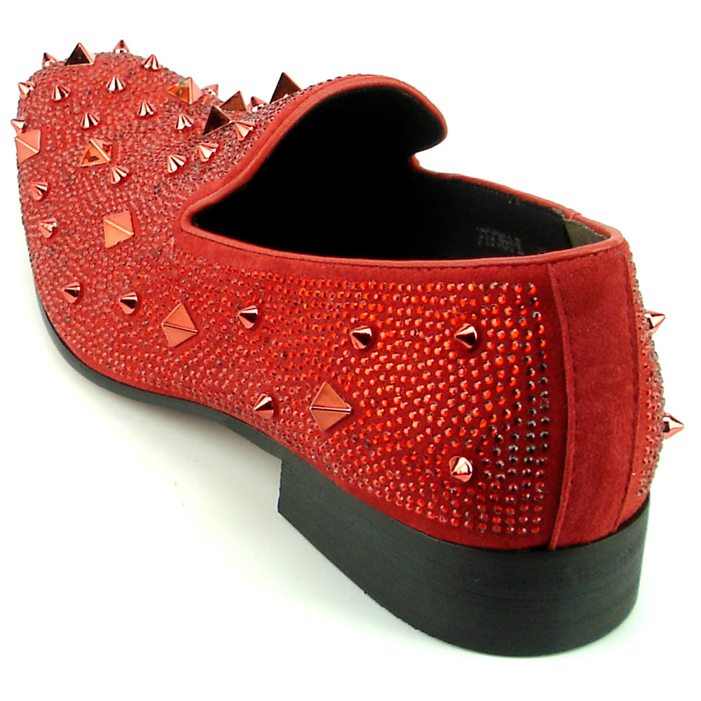 FI-7364-R Red Suede Red Rhinestones Spikes Slip on Loafer Fiesso by Aurelio Garcia