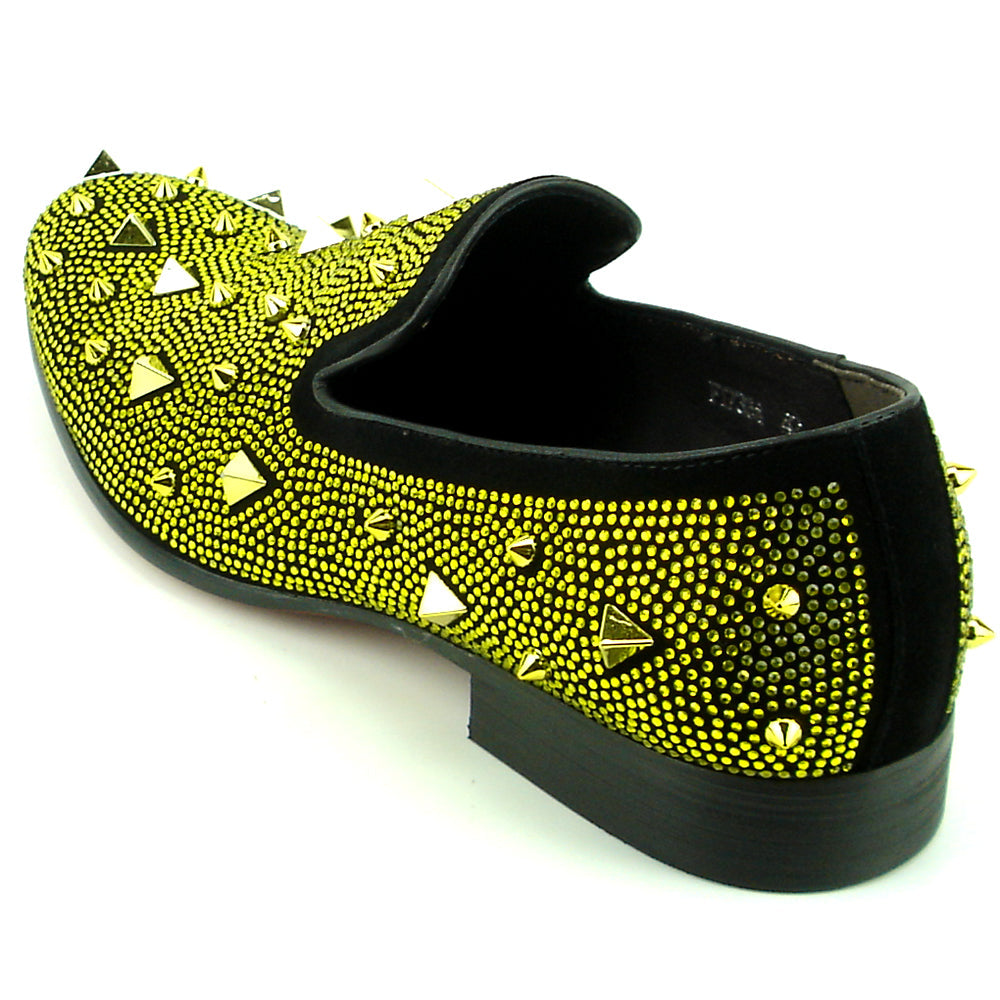 FI-7364 Black Suede Gold Rhinestones and Spikes Slip on Loafer Fiesso by Aurelio Garcia