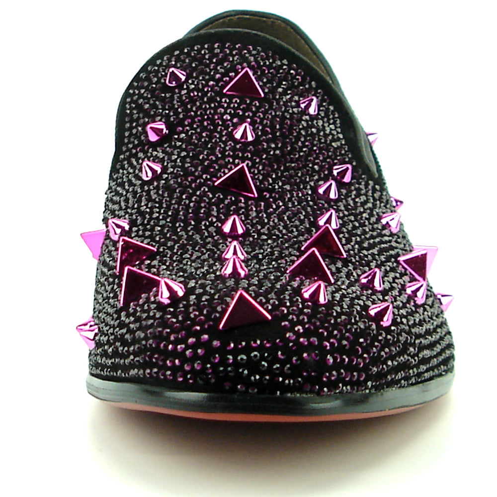 FI-7364 Black Suede Purple Rhinestones and Spikes Slip on Loafer Fiesso by Aurelio Garcia