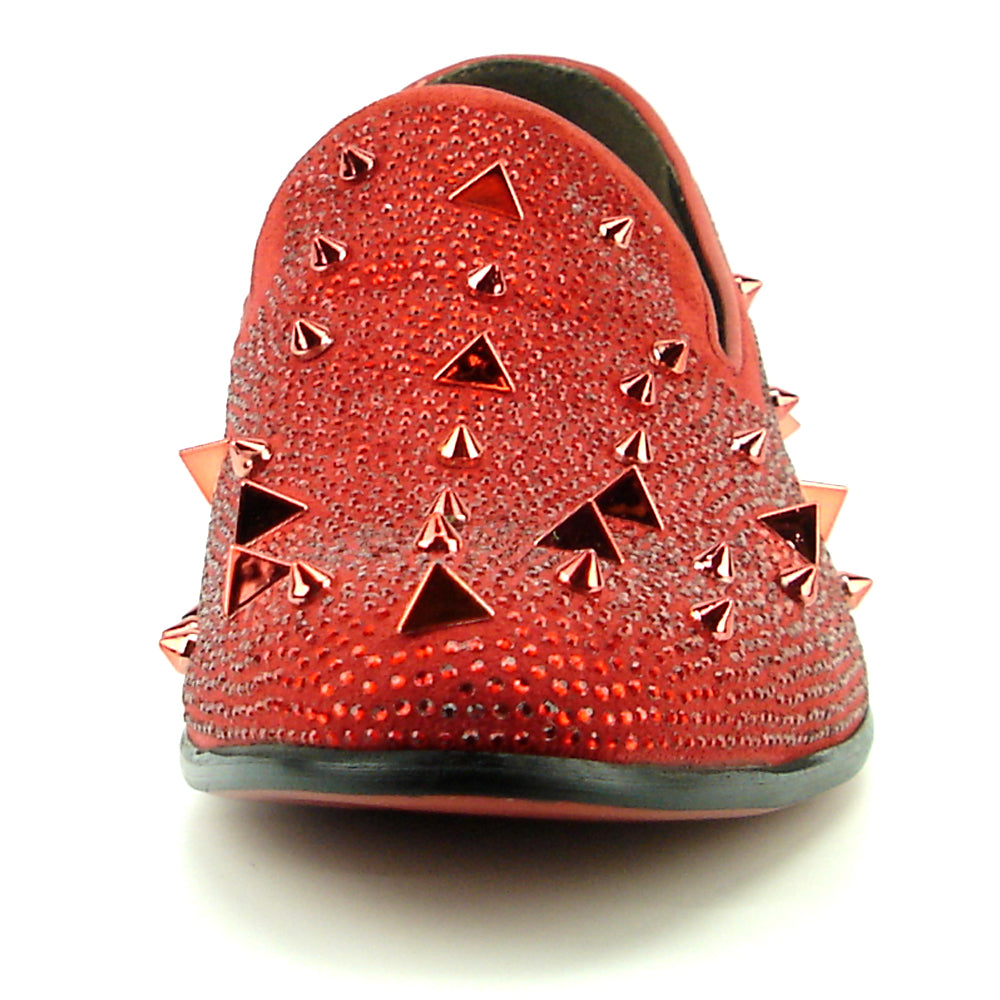FI-7364 Red  Suede Red Rhinestones and Spikes Slip on Loafer Fiesso by Aurelio Garcia
