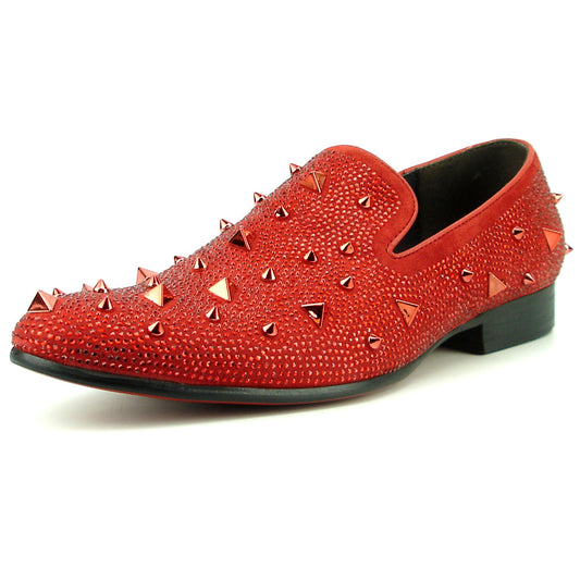 FI-7364 Red  Suede Red Rhinestones and Spikes Slip on Loafer Fiesso by Aurelio Garcia
