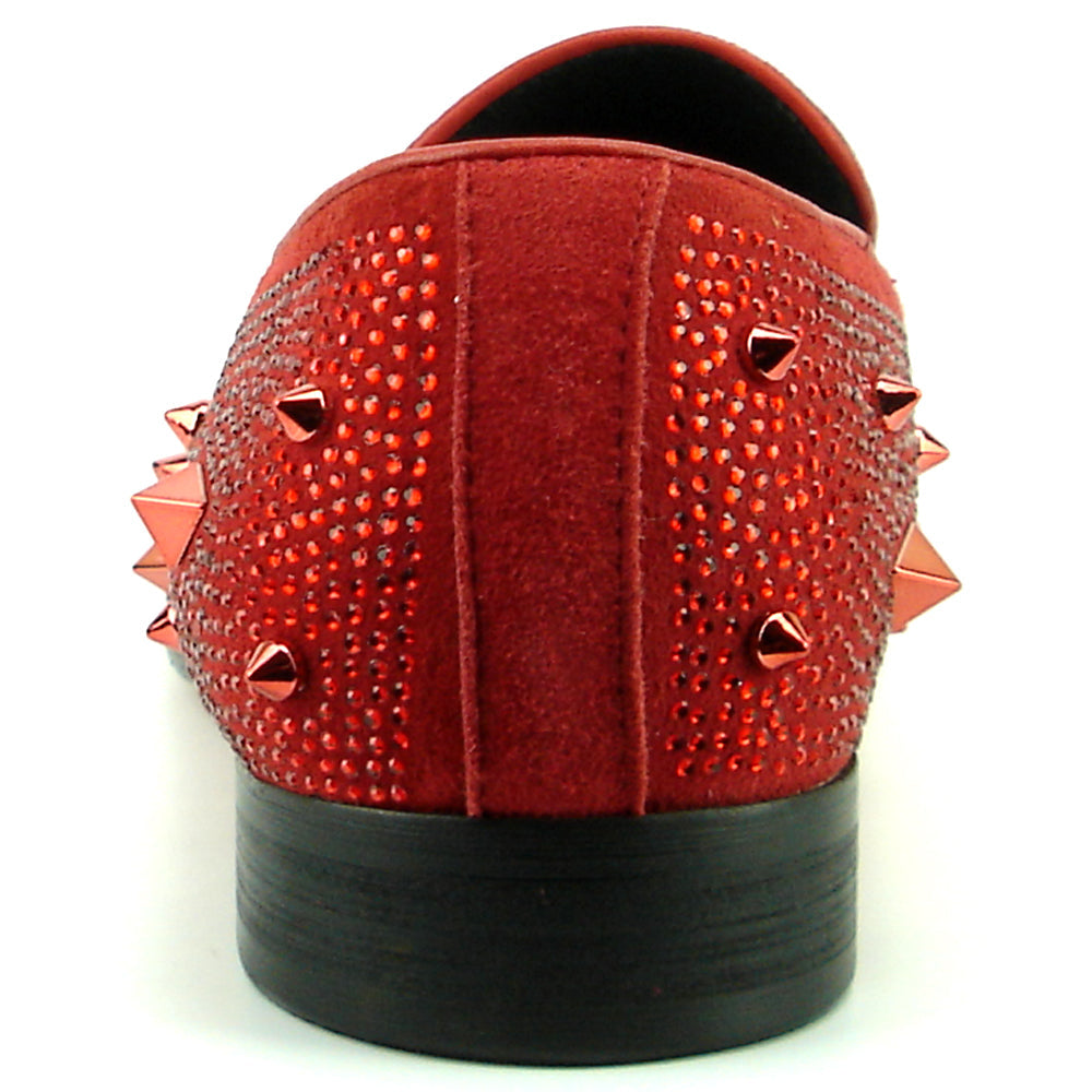 FI-7364 Red  Suede Red Rhinestones and Spikes Slip on Loafer Fiesso by Aurelio Garcia