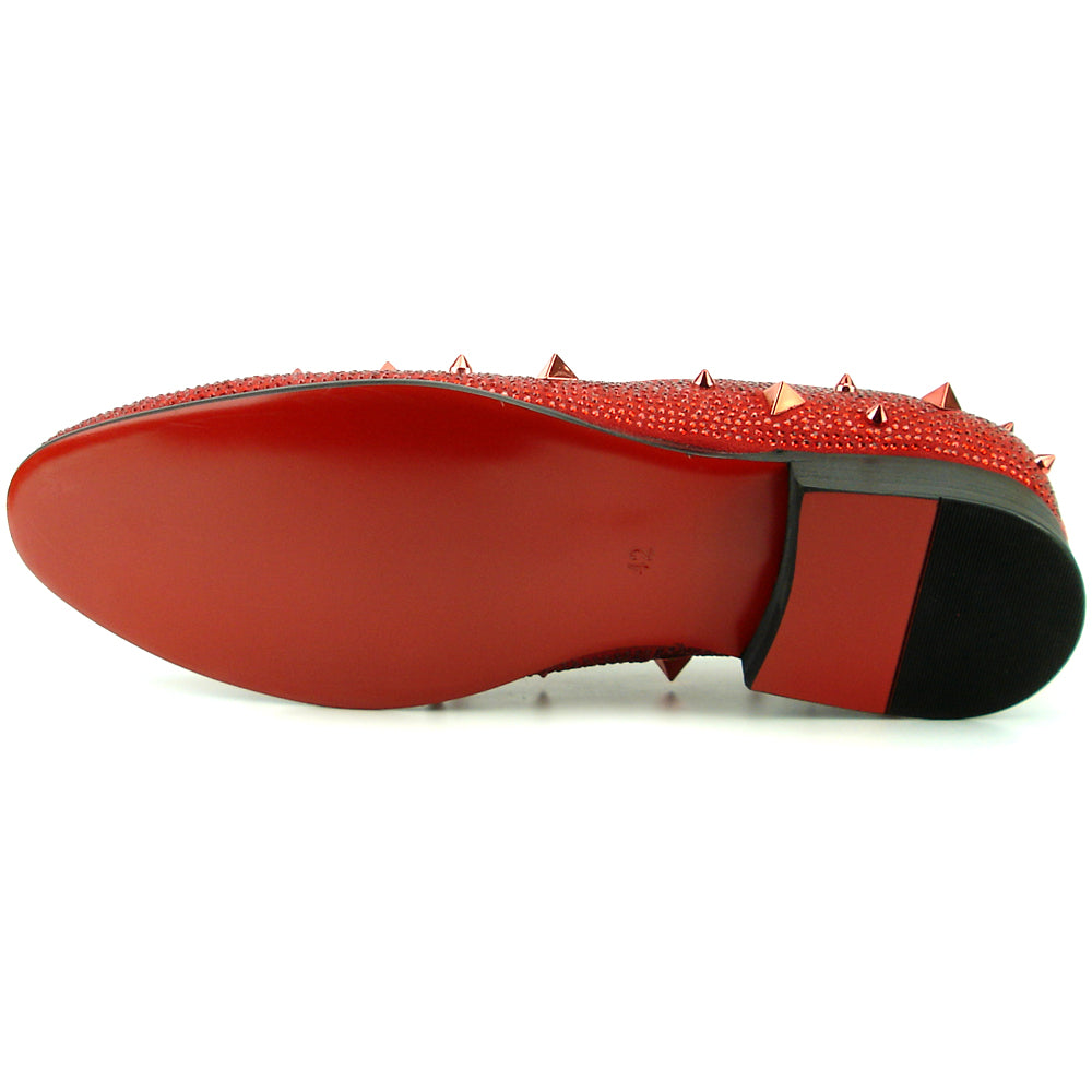 FI-7364 Red  Suede Red Rhinestones and Spikes Slip on Loafer Fiesso by Aurelio Garcia