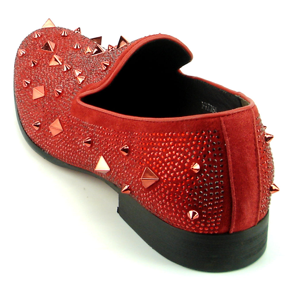 FI-7364 Red  Suede Red Rhinestones and Spikes Slip on Loafer Fiesso by Aurelio Garcia