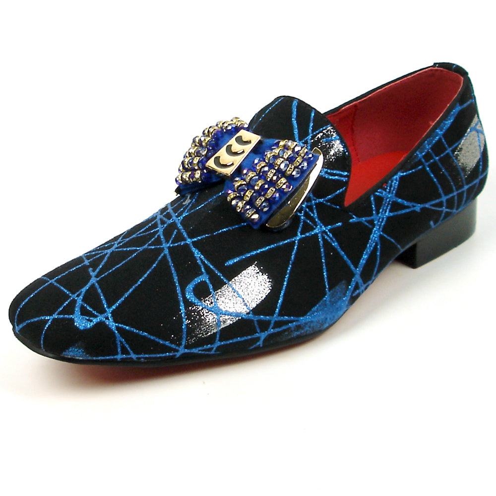 FI-7426 Black Suede Blue Lines Bow Tie Ornament Loafer Fiesso by Aurelio Garcia