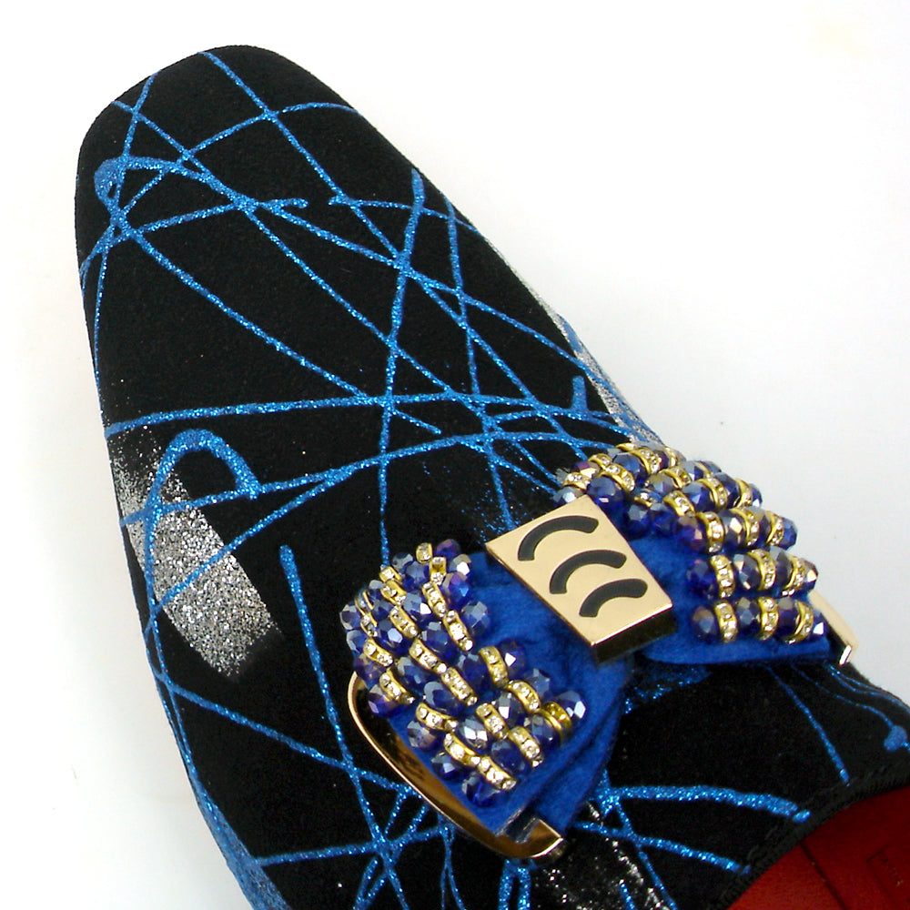 FI-7426 Black Suede Blue Lines Bow Tie Ornament Loafer Fiesso by Aurelio Garcia