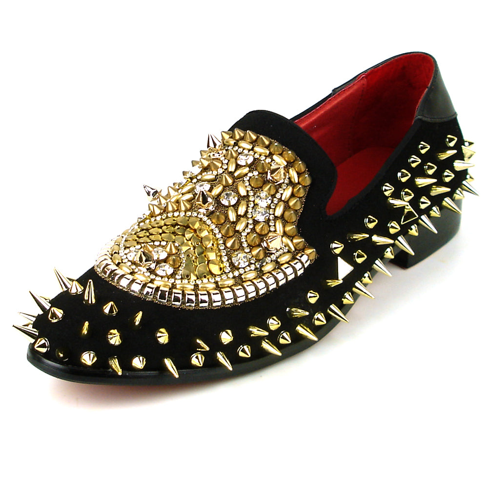 FI-7510 Black Suede Gold Rhinestones Spikes Slip on Loafer Fiesso by Aurelio Garcia