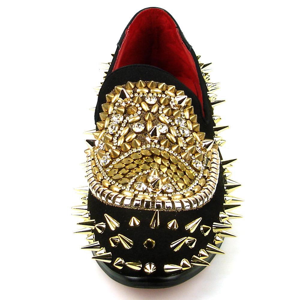 FI-7510 Black Suede Gold Rhinestones Spikes Slip on Loafer Fiesso by Aurelio Garcia