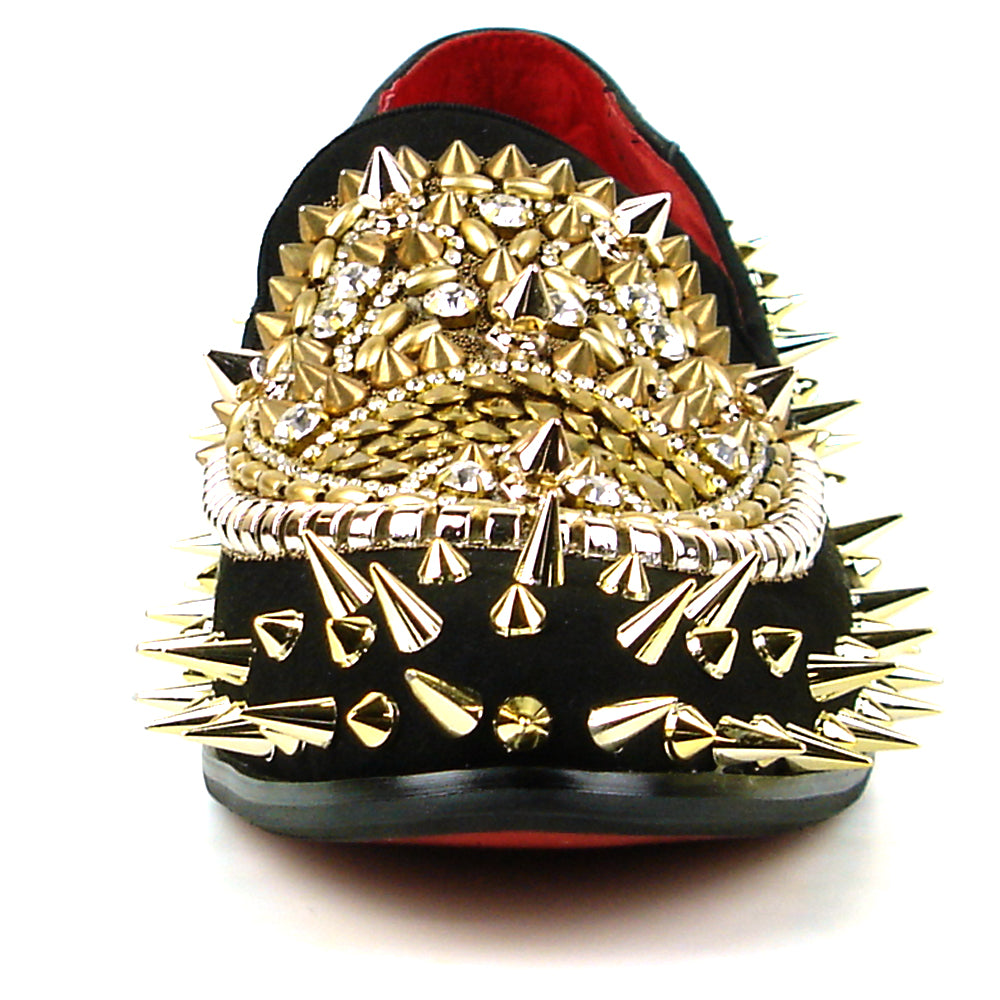 FI-7510 Black Suede Gold Rhinestones Spikes Slip on Loafer Fiesso by Aurelio Garcia