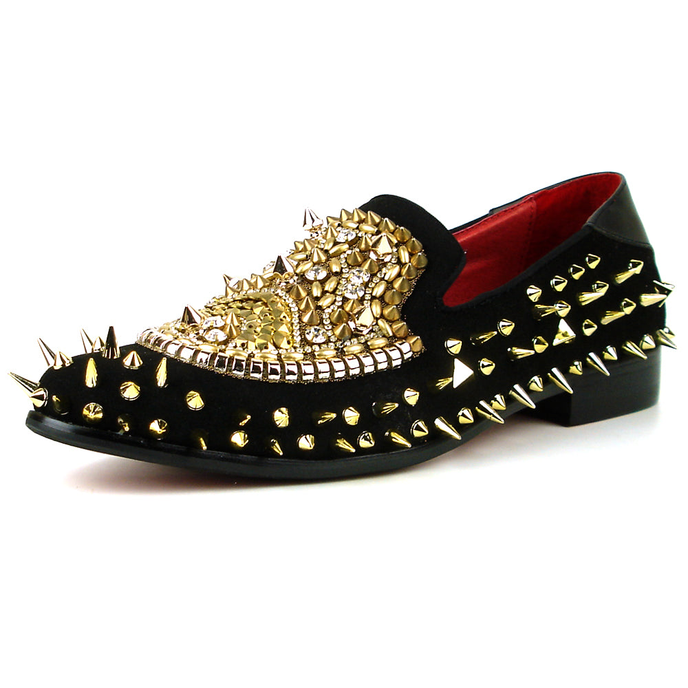 FI-7510 Black Suede Gold Rhinestones Spikes Slip on Loafer Fiesso by Aurelio Garcia