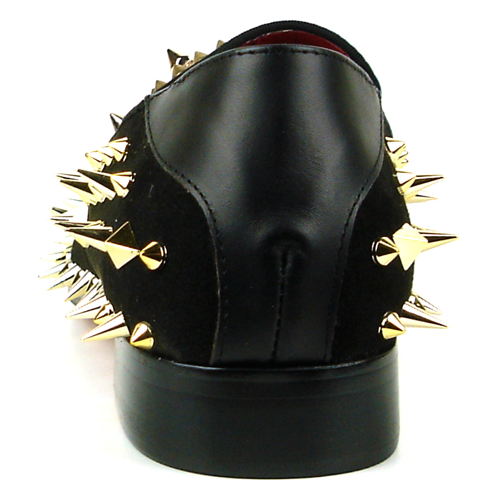 FI-7510 Black Suede Gold Rhinestones Spikes Slip on Loafer Fiesso by Aurelio Garcia