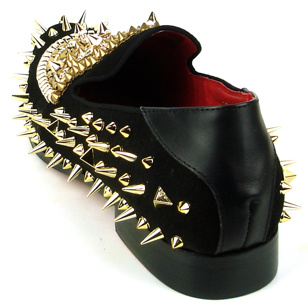 FI-7510 Black Suede Gold Rhinestones Spikes Slip on Loafer Fiesso by Aurelio Garcia