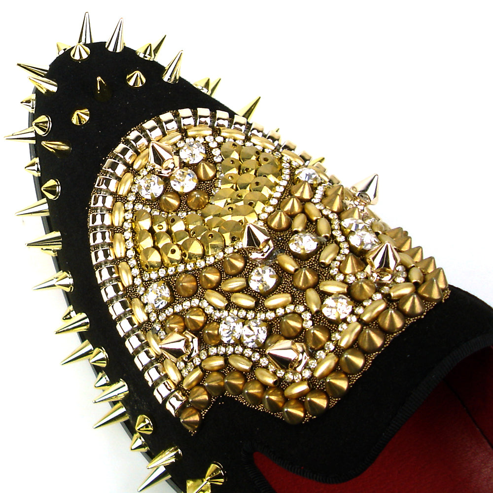 FI-7510 Black Suede Gold Rhinestones Spikes Slip on Loafer Fiesso by Aurelio Garcia