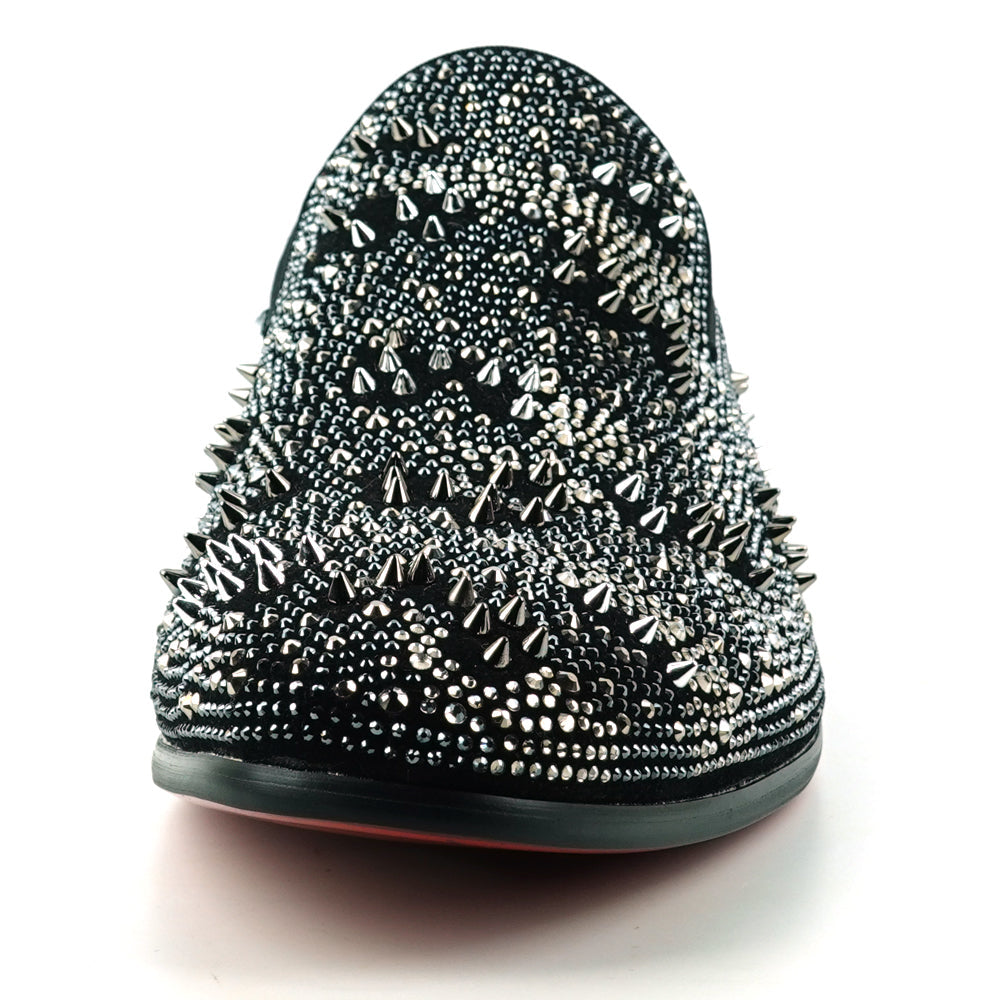 FI-7516 Black Silver Suede Rhinestones Spikes Slip on Loafer Fiesso by Aurelio Garcia